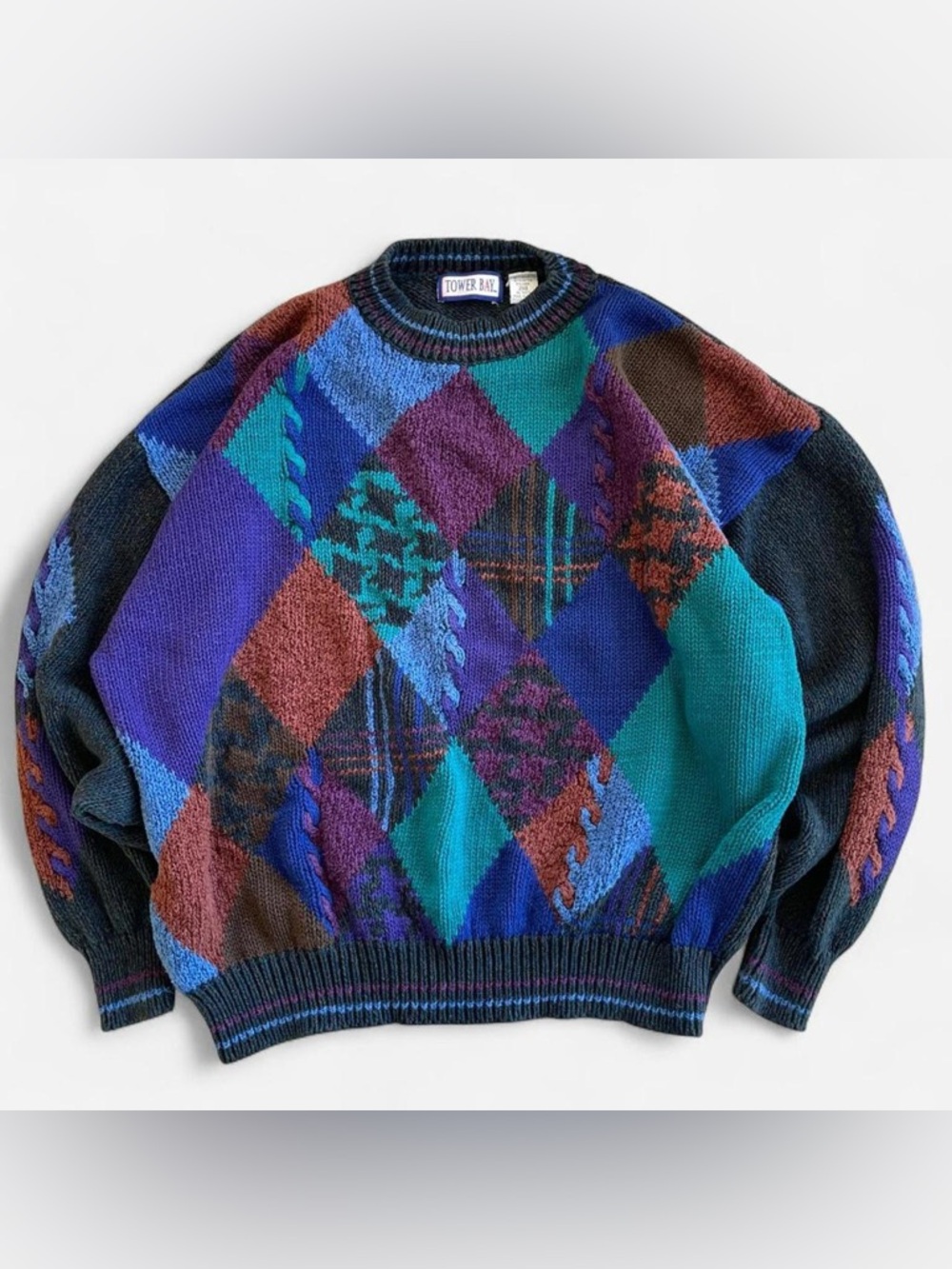 Vintage Tower Bay Chunky Multicolored Argyle Knit Retro Funky Grandpa Sweater